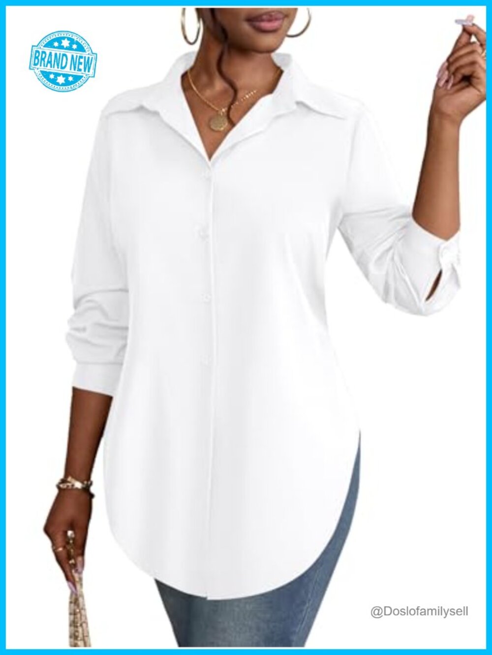 Rooscier Women's Collared V Neck Button Down Long Sleeve Blouse Top